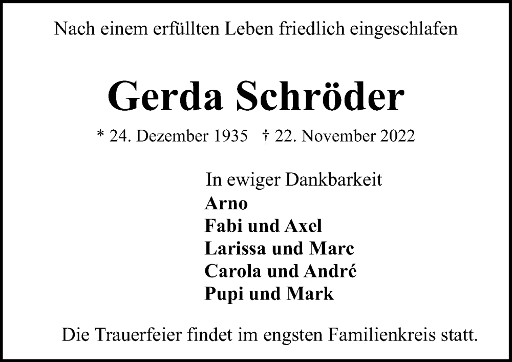  Traueranzeige für Gerda Schröder vom 27.11.2022 aus Lübecker Nachrichten