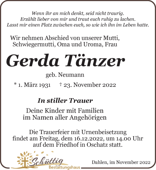 Traueranzeige von Gerda Tänzer von Leipziger Volkszeitung