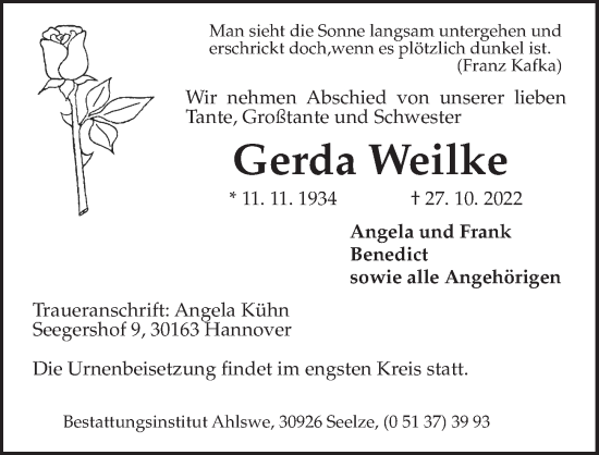 Traueranzeige von Gerda Weilke von Hannoversche Allgemeine Zeitung/Neue Presse