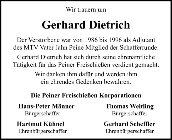 Traueranzeige von Gerhard Dietrich von Peiner Allgemeine Zeitung