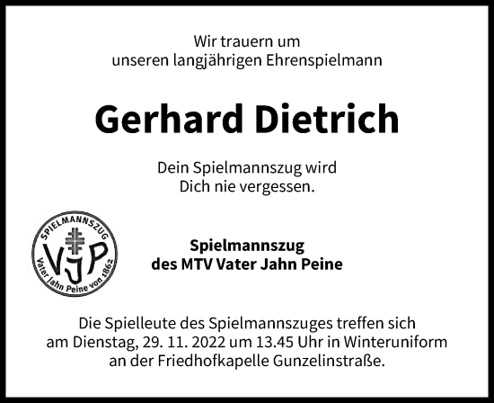Traueranzeige von Gerhard Dietrich von Peiner Allgemeine Zeitung