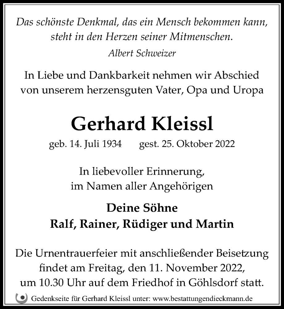  Traueranzeige für Gerhard Kleissl vom 05.11.2022 aus Märkischen Allgemeine Zeitung