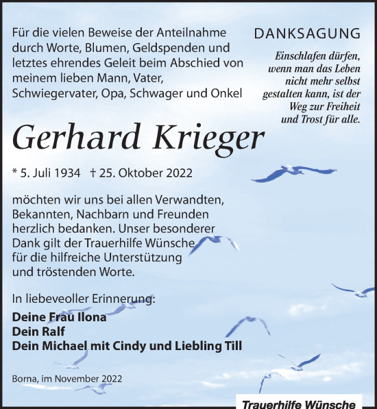 Traueranzeige von Gerhard Krieger von Leipziger Volkszeitung