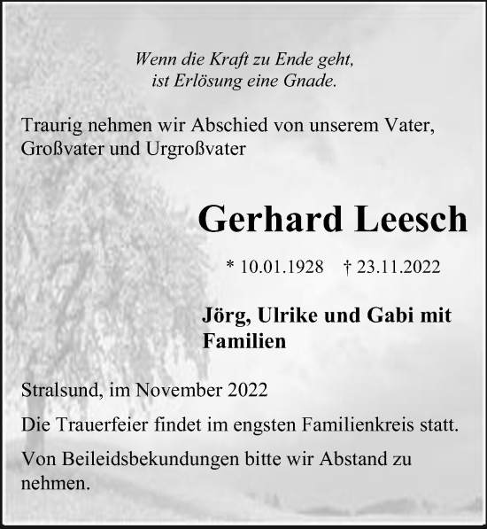 Traueranzeige von Gerhard Leesch von Ostsee-Zeitung GmbH