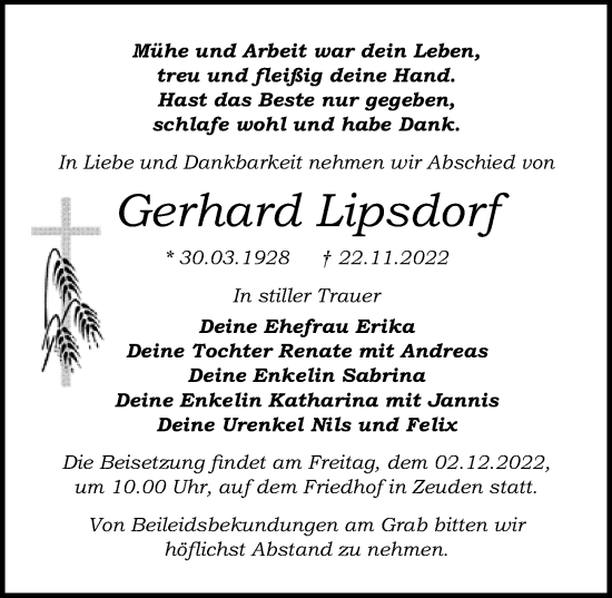 Traueranzeige von Gerhard Lipsdorf von Märkischen Allgemeine Zeitung