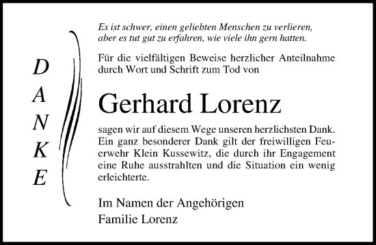 Traueranzeige von Gerhard Lorenz von Ostsee-Zeitung GmbH