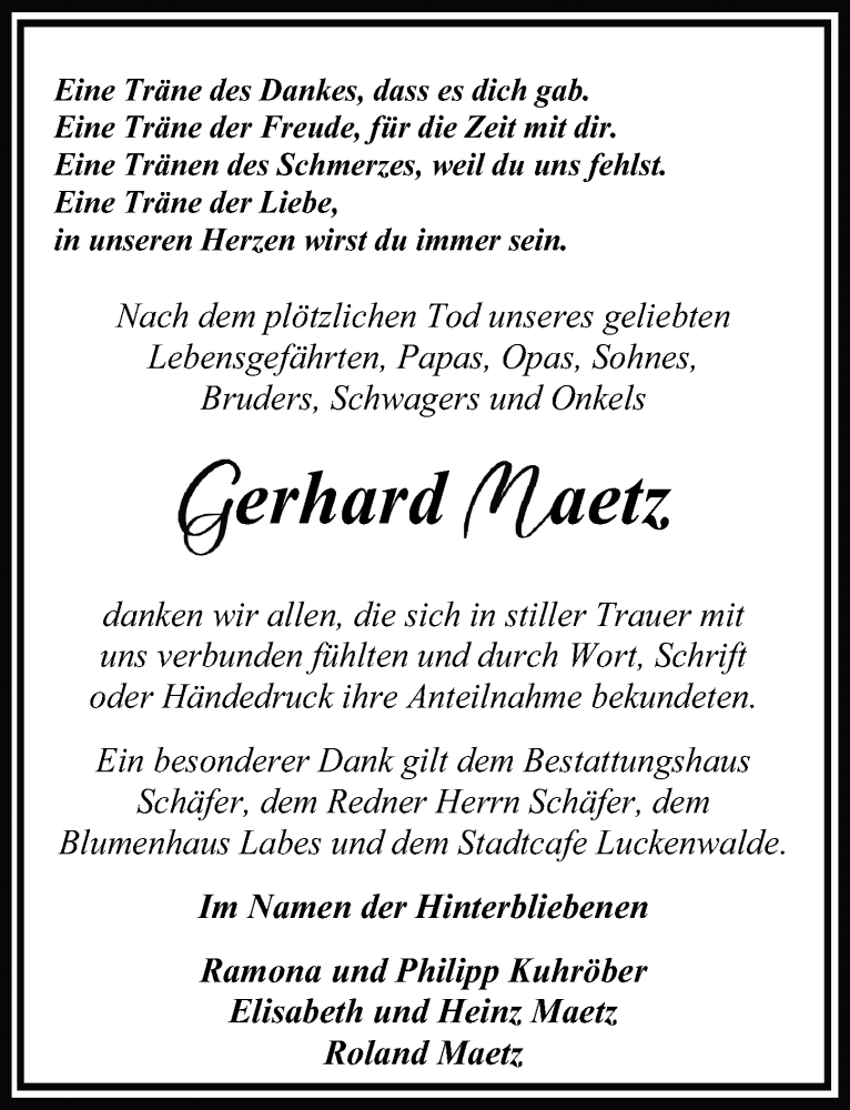  Traueranzeige für Gerhard Maetz vom 12.11.2022 aus Märkischen Allgemeine Zeitung