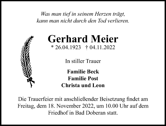 Traueranzeige von Gerhard Meier von Ostsee-Zeitung GmbH