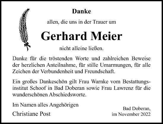 Traueranzeige von Gerhard Meier von Ostsee-Zeitung GmbH