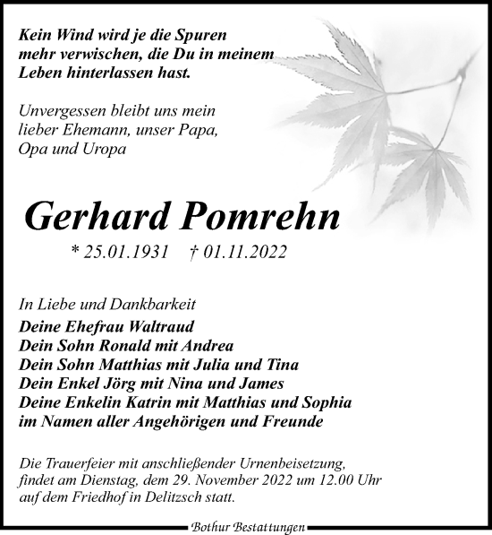 Traueranzeige von Gerhard Pomrehn von Leipziger Volkszeitung