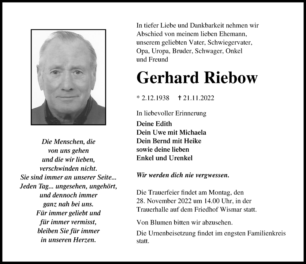  Traueranzeige für Gerhard Riebow vom 26.11.2022 aus Ostsee-Zeitung GmbH