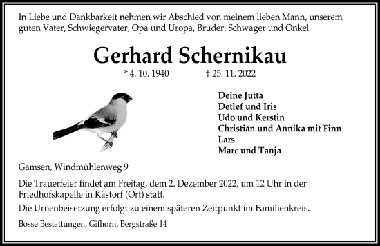Traueranzeige von Gerhard Schernikau von Aller Zeitung
