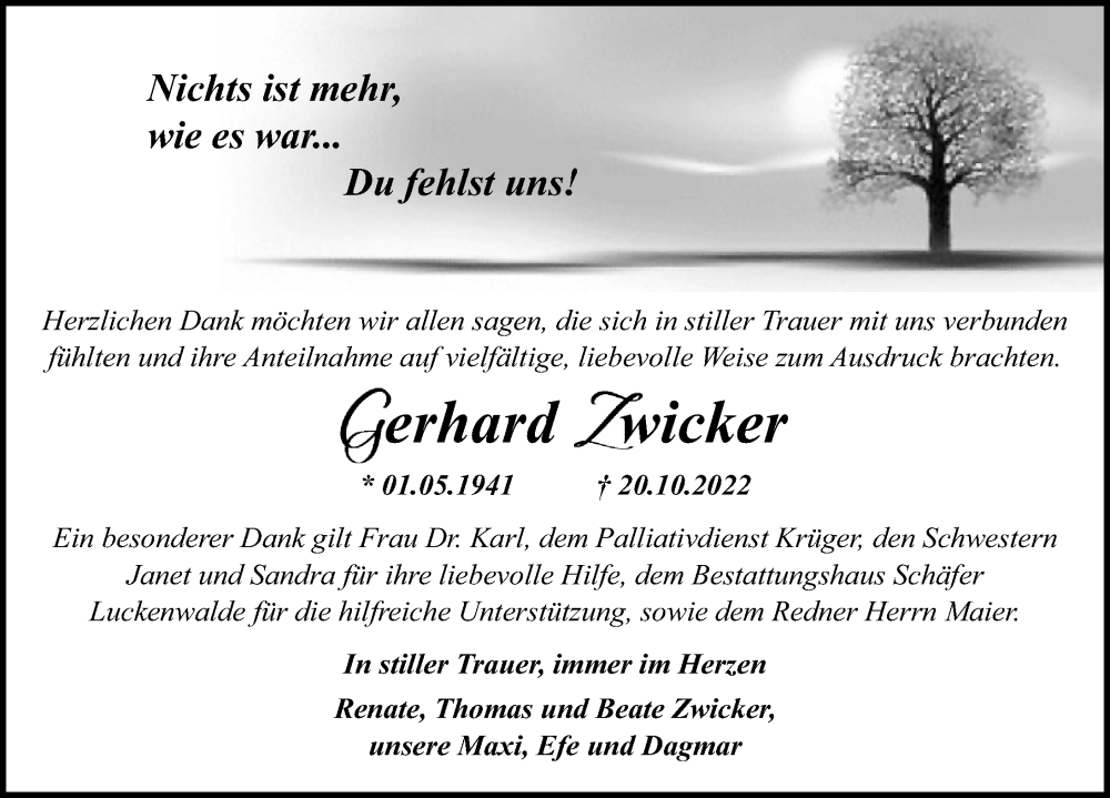  Traueranzeige für Gerhard Zwicker vom 26.11.2022 aus Märkischen Allgemeine Zeitung