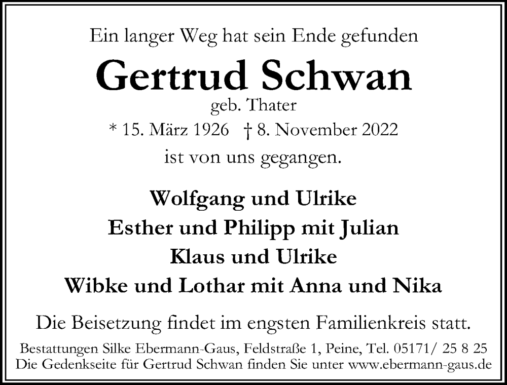  Traueranzeige für Gertrud Schwan vom 19.11.2022 aus Peiner Allgemeine Zeitung