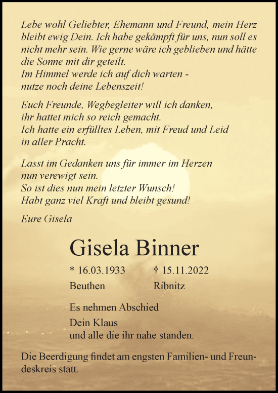 Traueranzeige von Gisela Binner von Ostsee-Zeitung GmbH