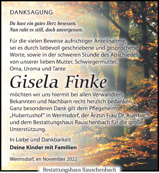 Traueranzeige von Gisela Finke von Leipziger Volkszeitung