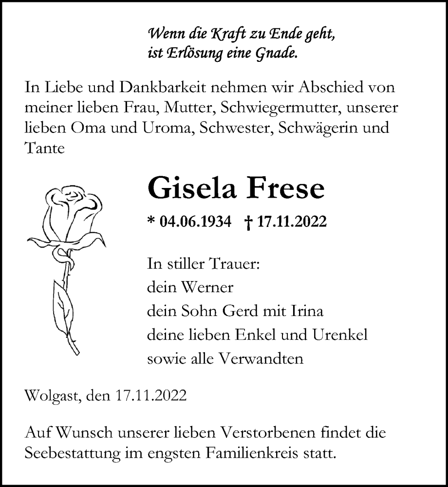  Traueranzeige für Gisela Frese vom 26.11.2022 aus Ostsee-Zeitung GmbH