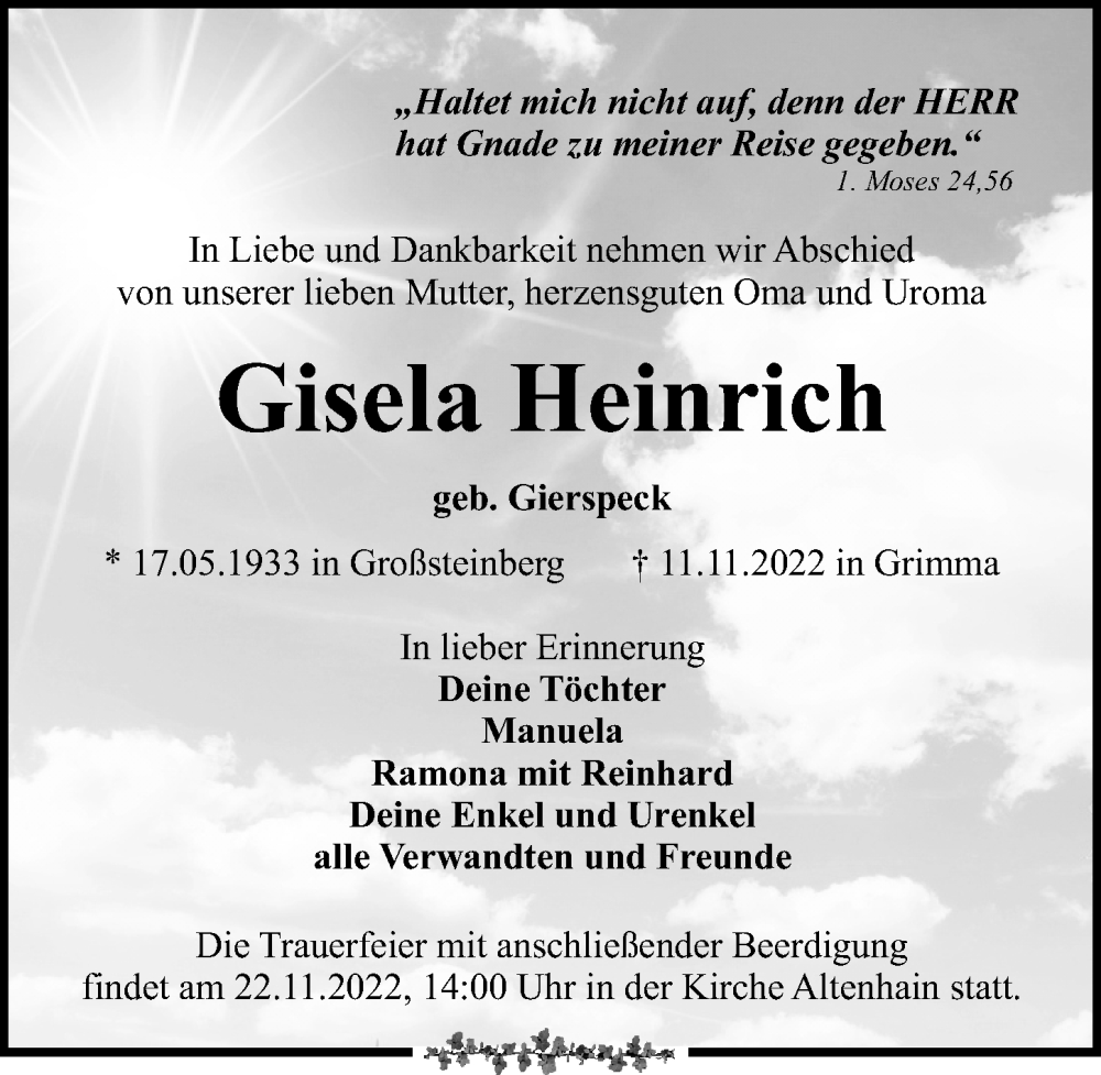  Traueranzeige für Gisela Heinrich vom 19.11.2022 aus Leipziger Volkszeitung