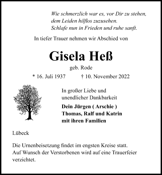 Traueranzeige von Gisela Heß von Lübecker Nachrichten