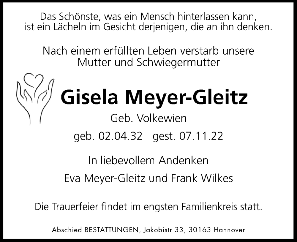  Traueranzeige für Gisela Meyer-Gleitz vom 12.11.2022 aus Hannoversche Allgemeine Zeitung/Neue Presse