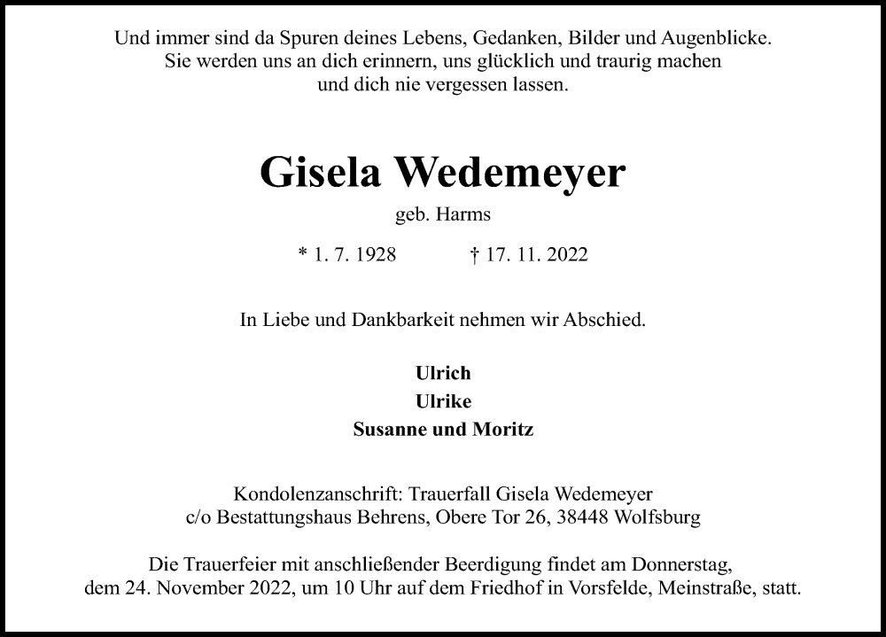  Traueranzeige für Gisela Wedemeyer vom 19.11.2022 aus Aller Zeitung