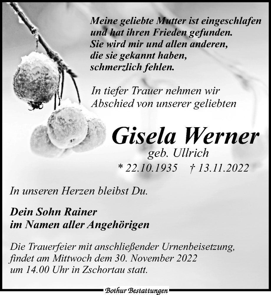  Traueranzeige für Gisela Werner vom 19.11.2022 aus Leipziger Volkszeitung