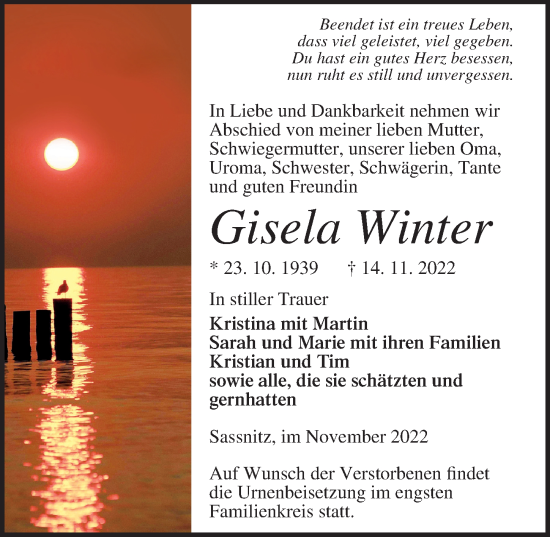 Traueranzeige von Gisela Winter von Ostsee-Zeitung GmbH