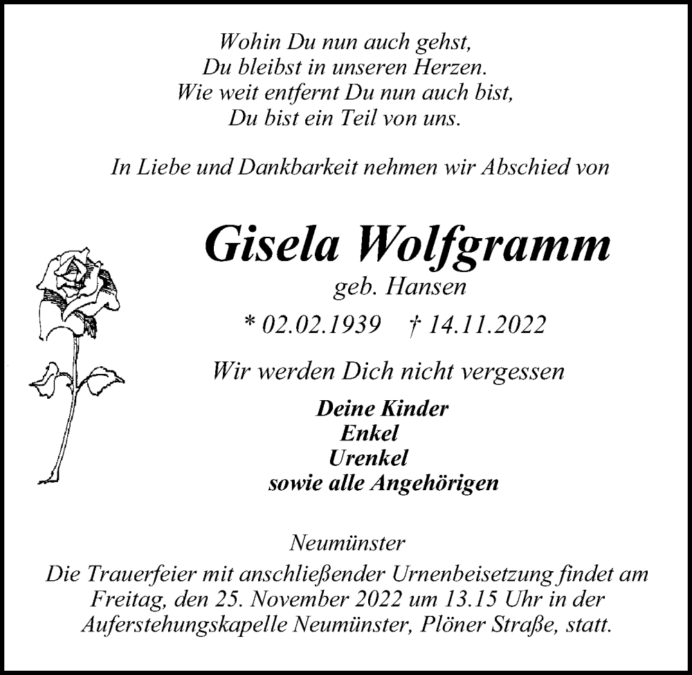  Traueranzeige für Gisela Wolfgramm vom 19.11.2022 aus Kieler Nachrichten