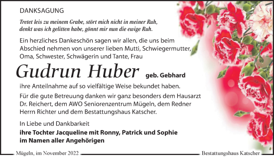 Traueranzeige von Gudrun Huber von Leipziger Volkszeitung