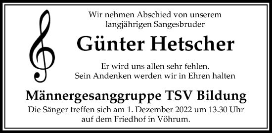 Traueranzeige von Günter Hetscher von Peiner Allgemeine Zeitung