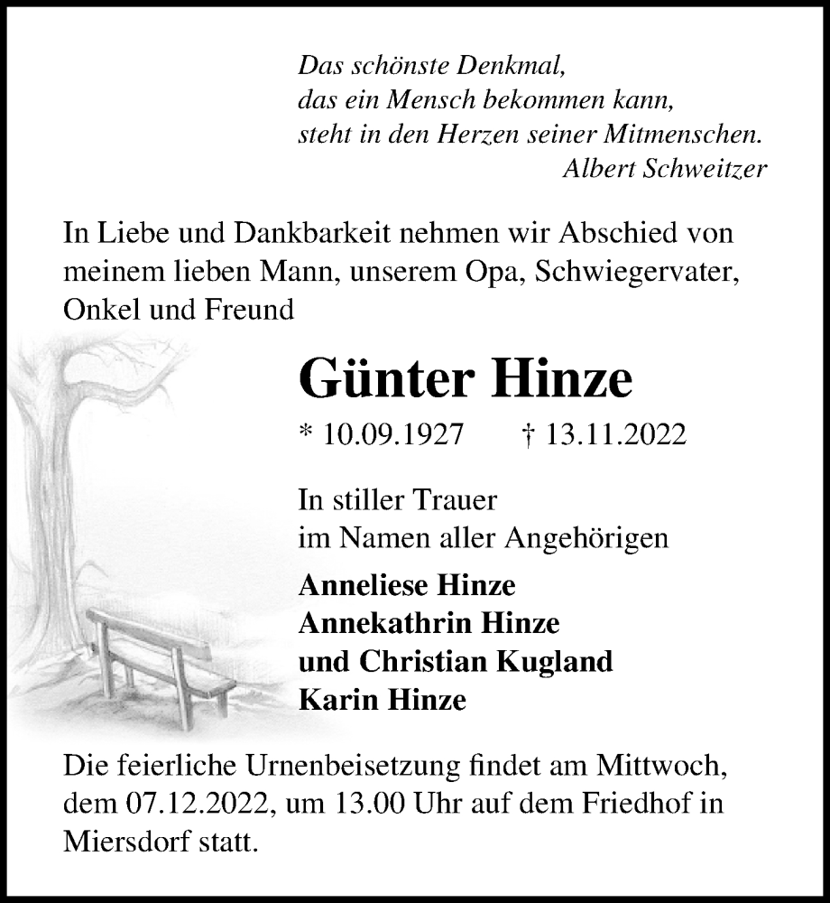  Traueranzeige für Günter Hinze vom 19.11.2022 aus Märkischen Allgemeine Zeitung
