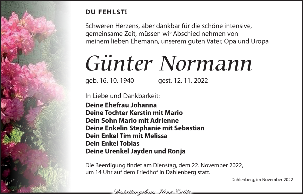 Traueranzeige für Günter Normann vom 19.11.2022 aus Torgauer Zeitung
