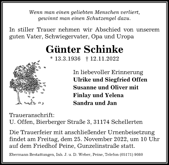 Traueranzeige von Günter Schinke von Peiner Allgemeine Zeitung