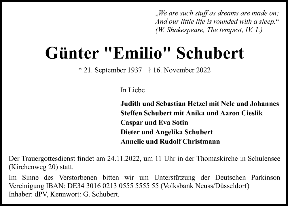  Traueranzeige für Günter Schubert vom 19.11.2022 aus Kieler Nachrichten