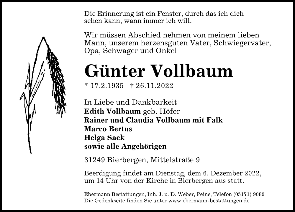  Traueranzeige für Günter Vollbaum vom 30.11.2022 aus Peiner Allgemeine Zeitung