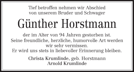 Traueranzeige von Günther Horstmann von Kieler Nachrichten