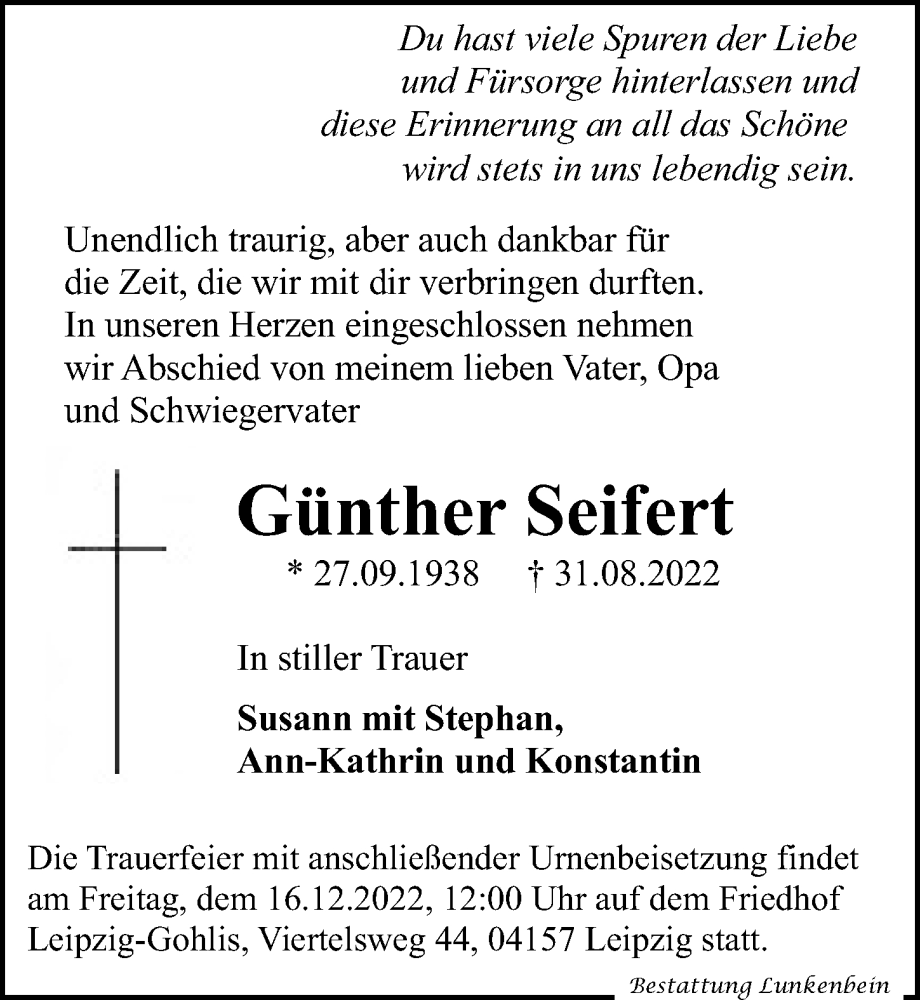  Traueranzeige für Günther Seifert vom 26.11.2022 aus Leipziger Volkszeitung