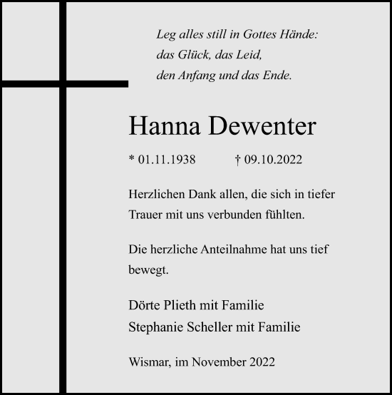 Traueranzeige von Hanna Dewenter von Ostsee-Zeitung GmbH