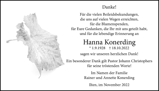 Traueranzeige von Hanna Konerding von Hannoversche Allgemeine Zeitung/Neue Presse