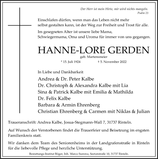 Traueranzeige von Hanne-Lore Gerden von Schaumburger Nachrichten