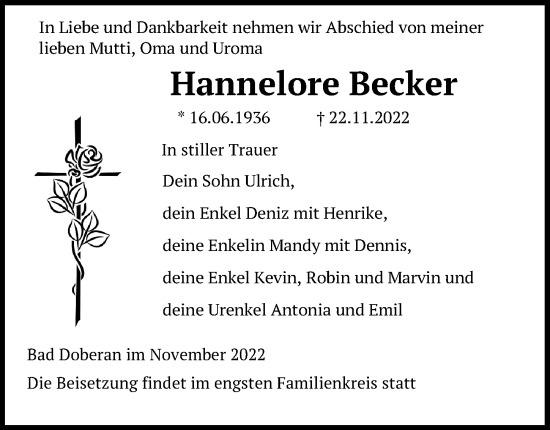 Traueranzeige von Hannelore Becker von Ostsee-Zeitung GmbH