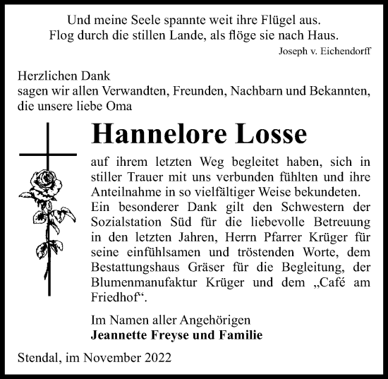 Traueranzeige von Hannelore Losse von Leipziger Volkszeitung