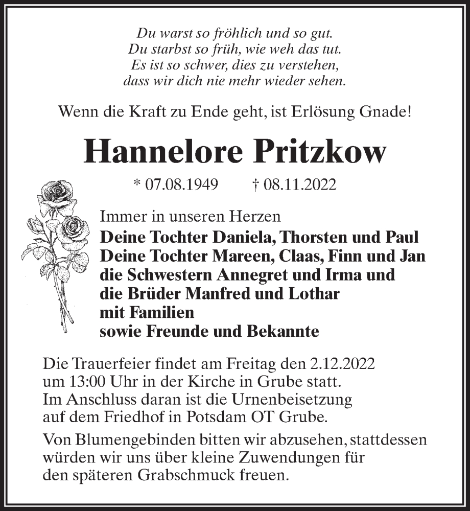  Traueranzeige für Hannelore Pritzkow vom 26.11.2022 aus Märkischen Allgemeine Zeitung