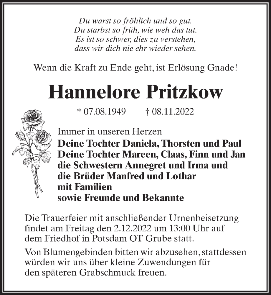  Traueranzeige für Hannelore Pritzkow vom 19.11.2022 aus Märkischen Allgemeine Zeitung