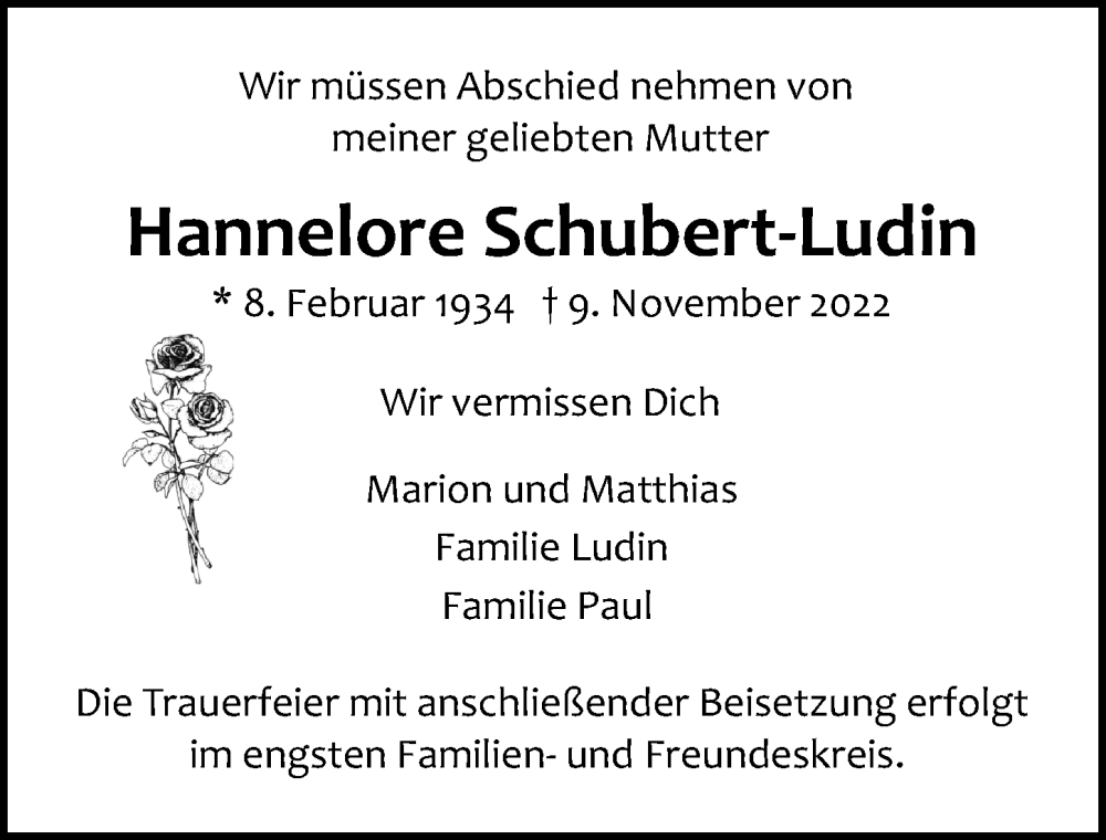  Traueranzeige für Hannelore Schubert-Ludin vom 20.11.2022 aus Lübecker Nachrichten