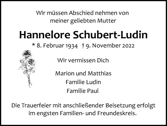 Traueranzeige von Hannelore Schubert-Ludin von Lübecker Nachrichten