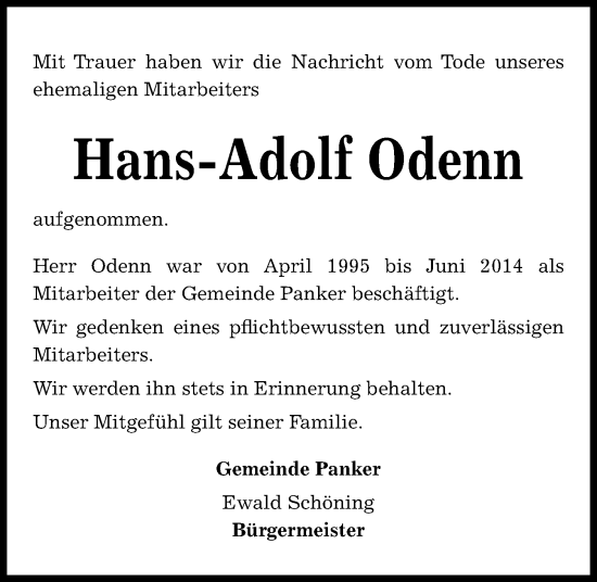 Traueranzeige von Hans-Adolf Odenn von Kieler Nachrichten