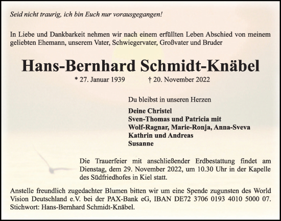 Traueranzeige von Hans-Bernhard Schmidt-Knäbel von Kieler Nachrichten