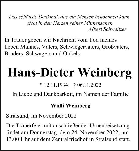 Traueranzeige von Hans-Dieter Weinberg von Ostsee-Zeitung GmbH