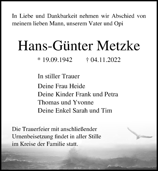 Traueranzeige von Hans-Günter Metzke von Ostsee-Zeitung GmbH